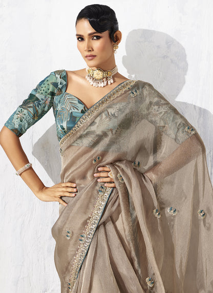 Beige Tissue Organza Designer Blouse Party Wear Saree