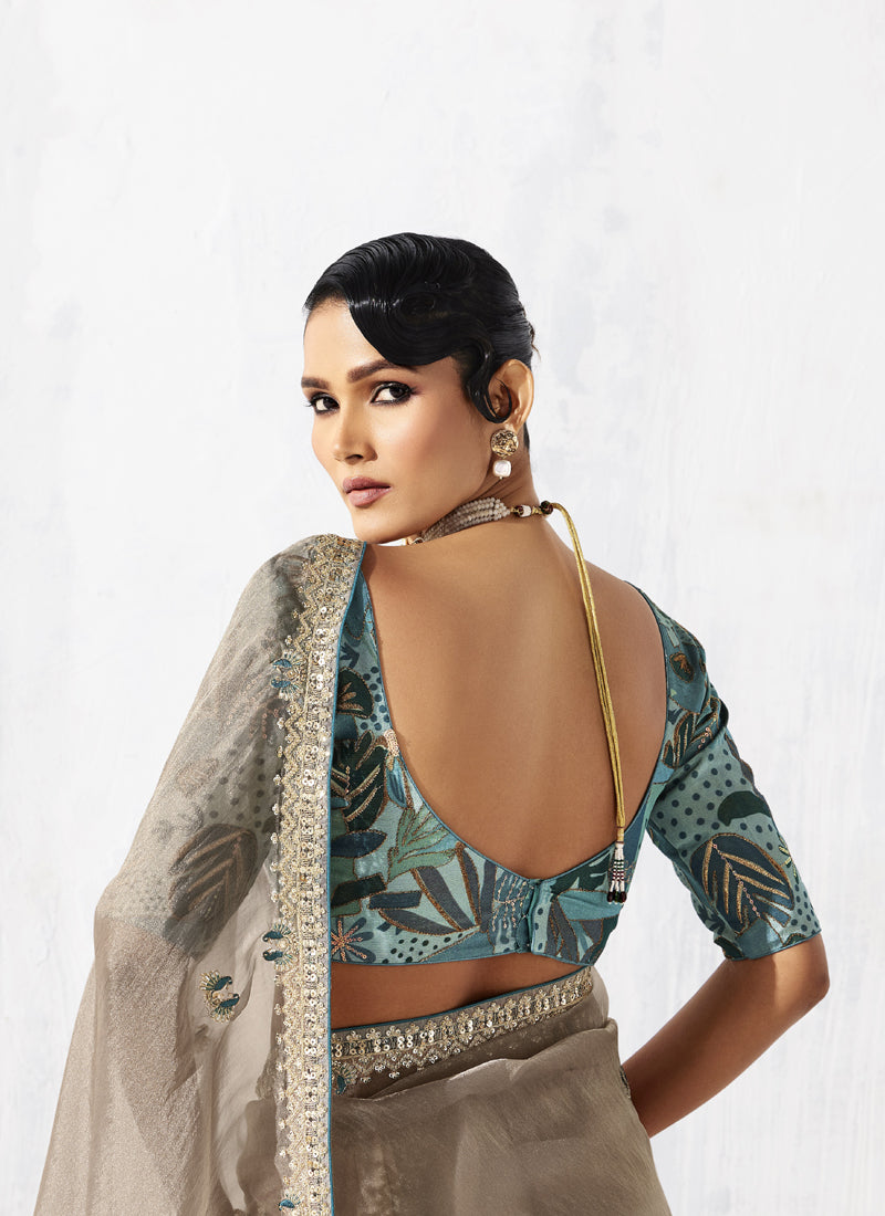 Beige Tissue Organza Designer Blouse Party Wear Saree