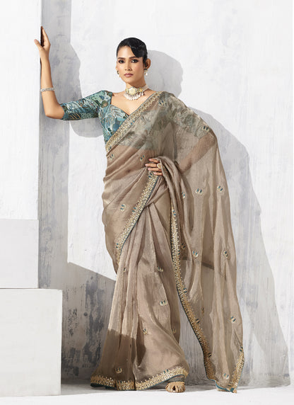 Beige Tissue Organza Designer Blouse Party Wear Saree
