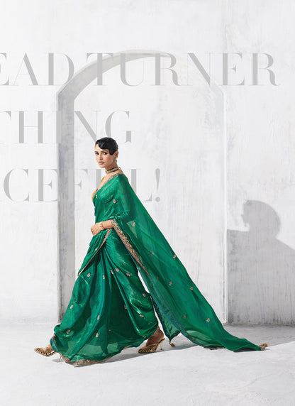 Dark Green Tissue Organza Designer Blouse Party Wear Saree
