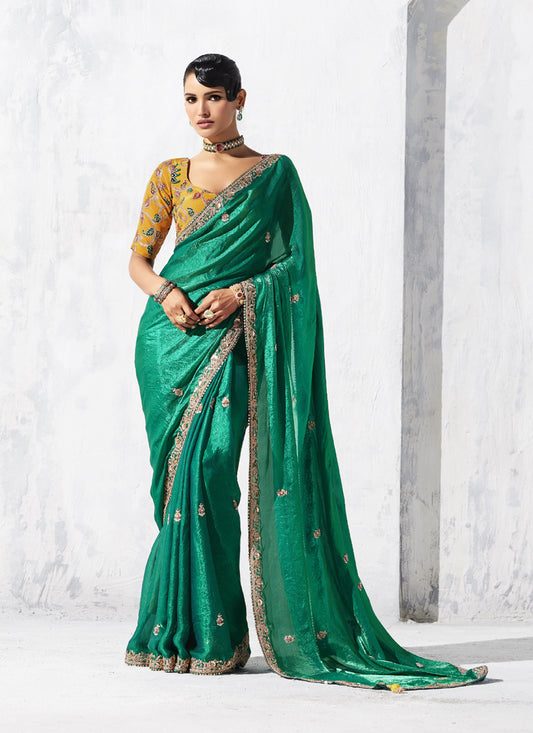 Dark Green Tissue Organza Designer Blouse Party Wear Saree