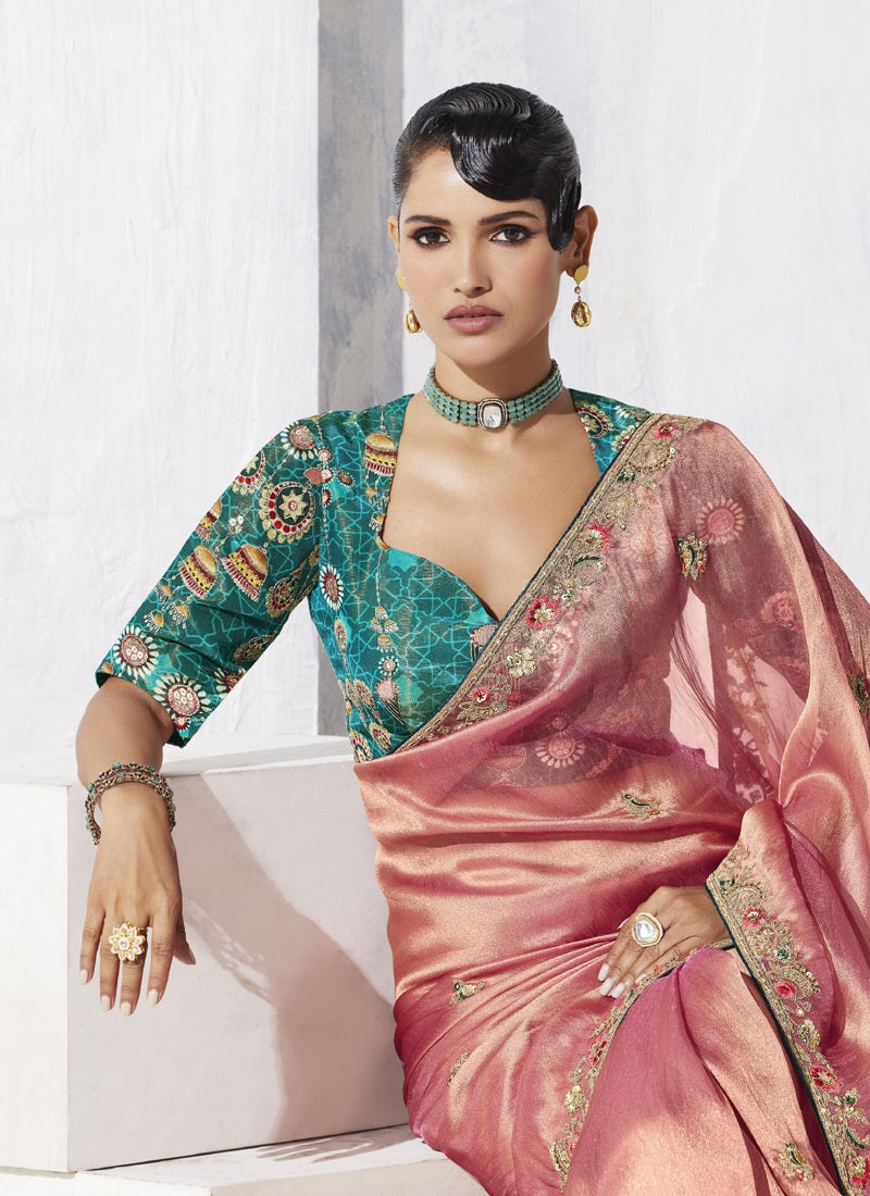 Peach Tissue Organza Designer Blouse Party Wear Saree