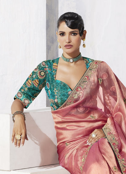 Peach Tissue Organza Designer Blouse Party Wear Saree