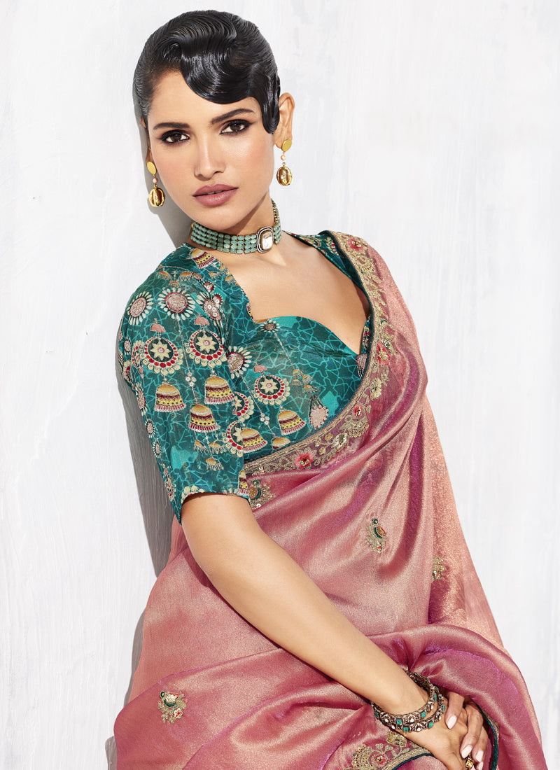 Peach Tissue Organza Designer Blouse Party Wear Saree