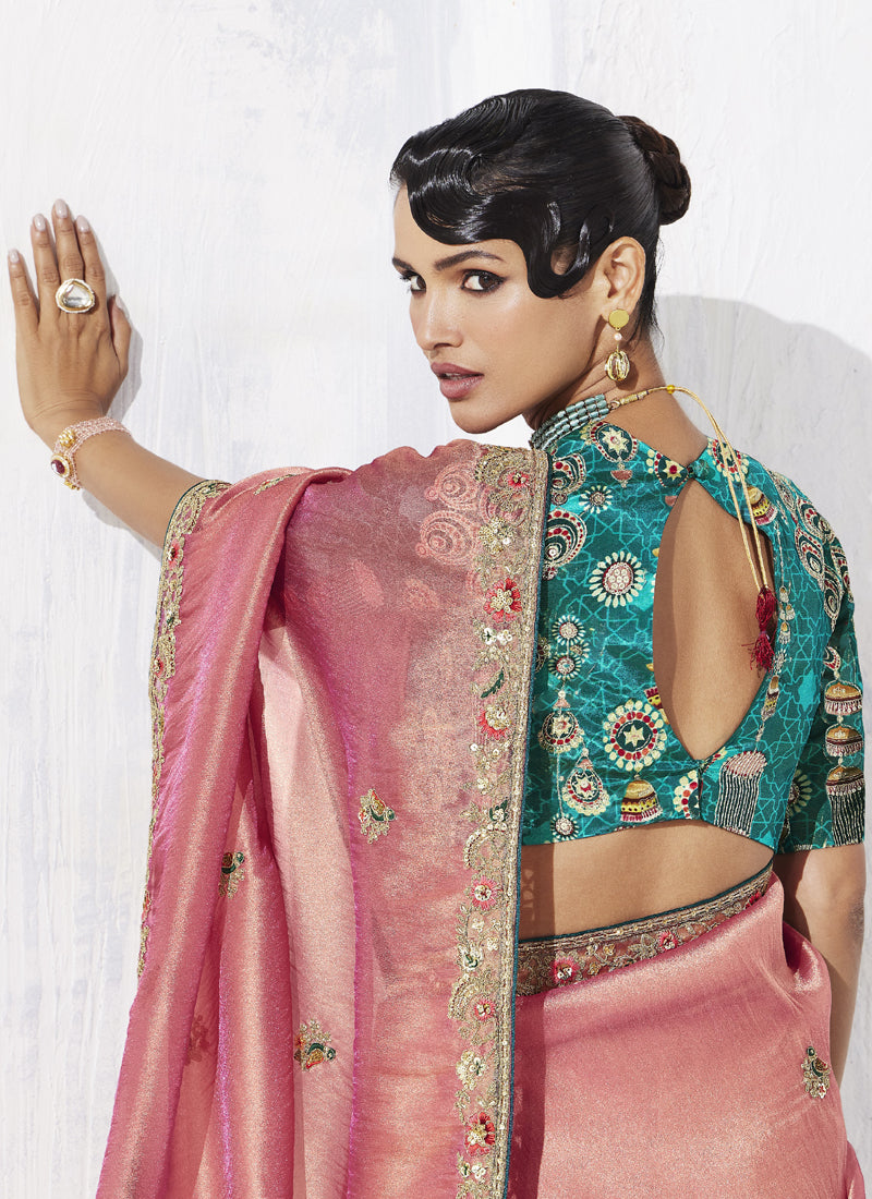 Peach Tissue Organza Designer Blouse Party Wear Saree