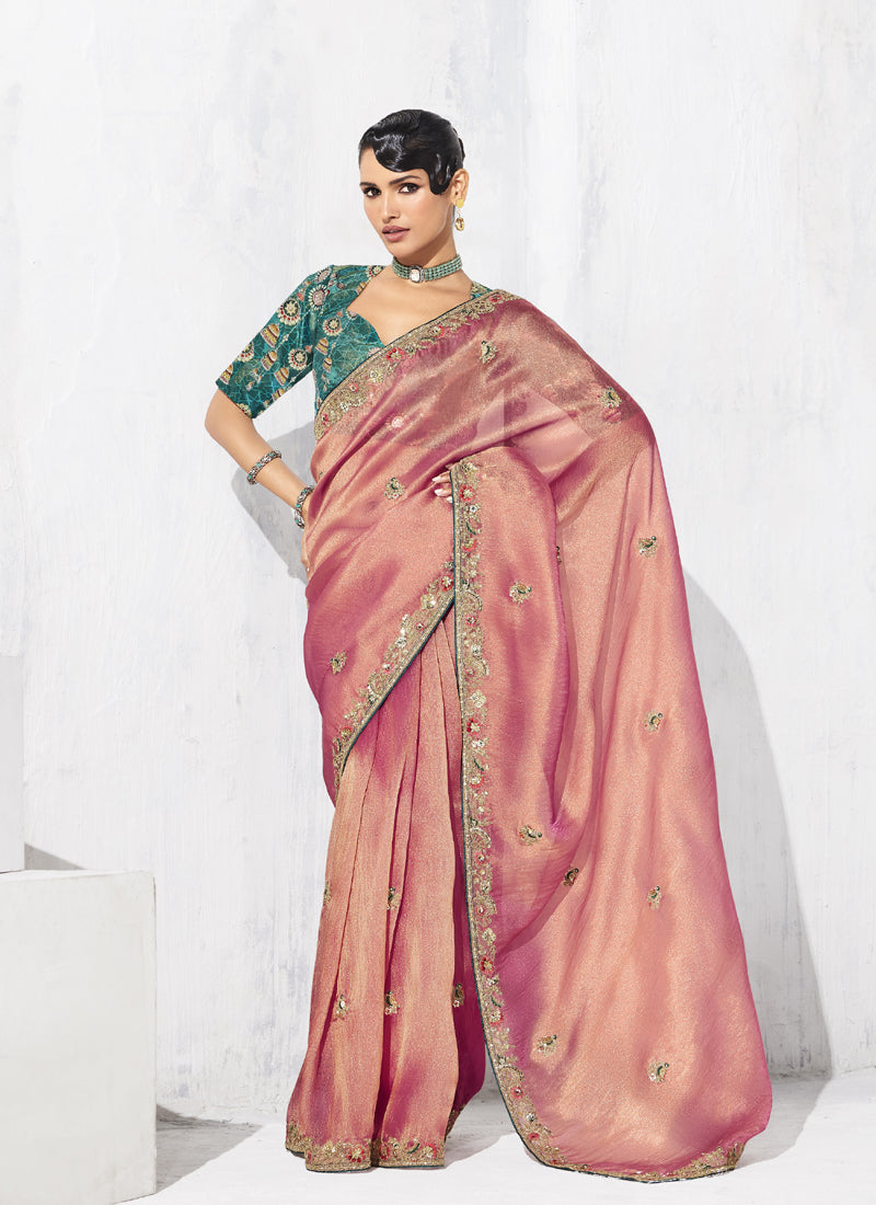 Peach Tissue Organza Designer Blouse Party Wear Saree