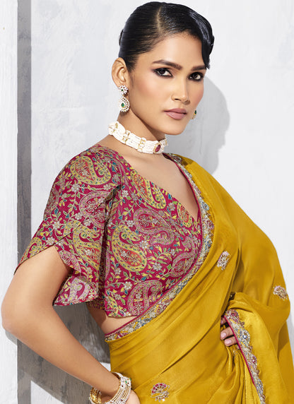 Mustard Tissue Organza Designer Blouse Party Wear Saree