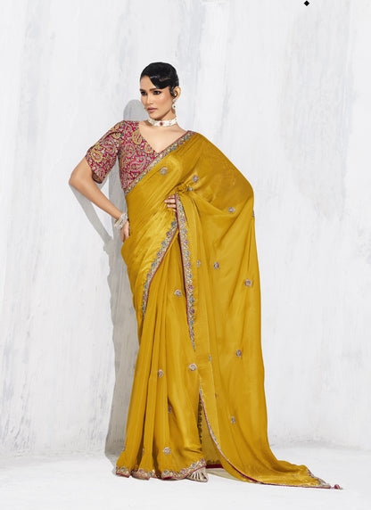 Mustard Tissue Organza Designer Blouse Party Wear Saree