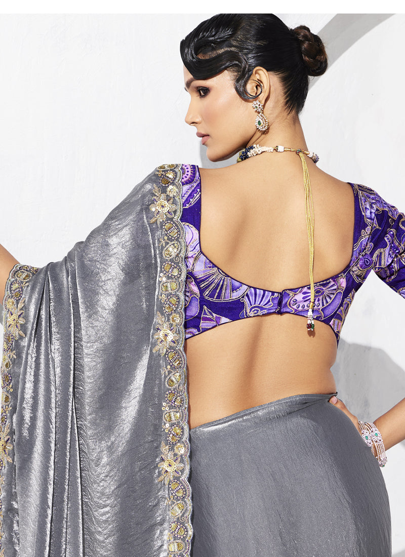 Gray Tissue Organza Designer Blouse Party Wear Saree