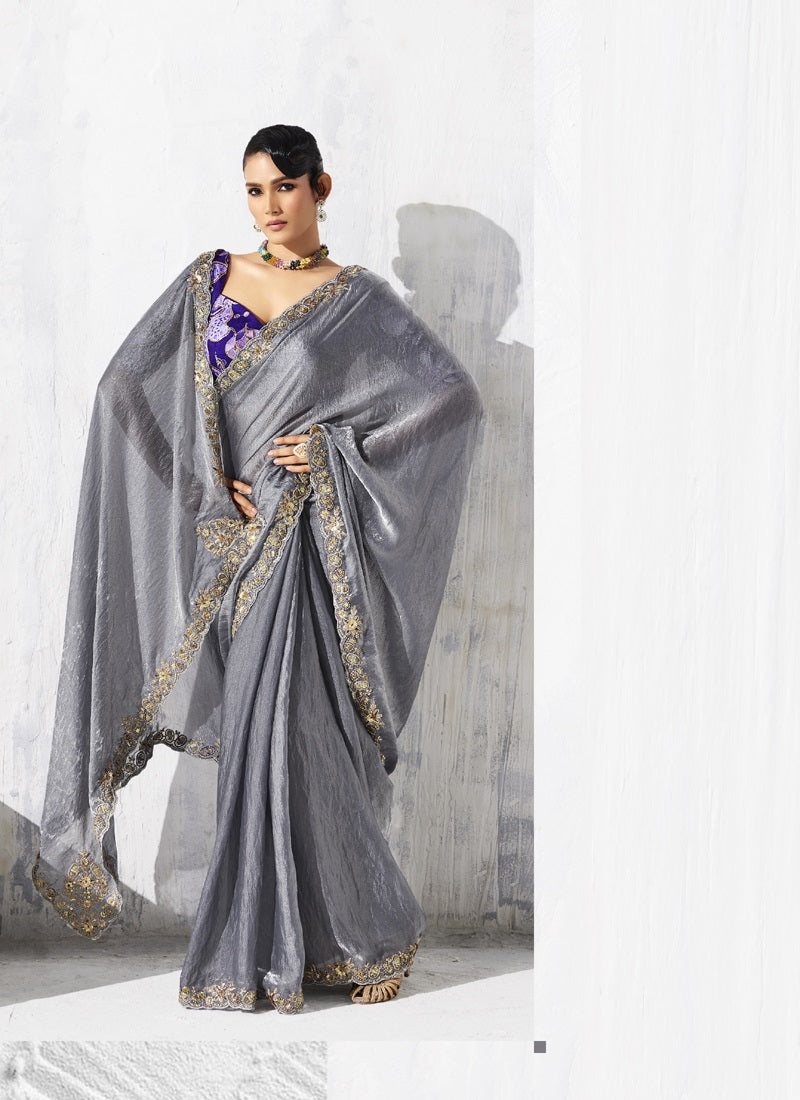 Gray Tissue Organza Designer Blouse Party Wear Saree