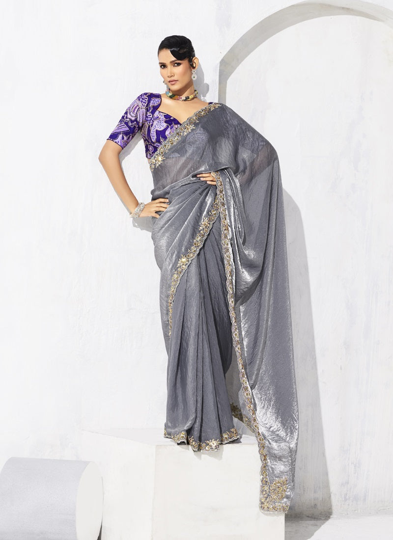 Gray Tissue Organza Designer Blouse Party Wear Saree