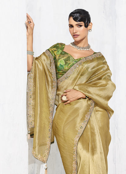 Cream Tissue Organza Designer Blouse Party Wear Saree