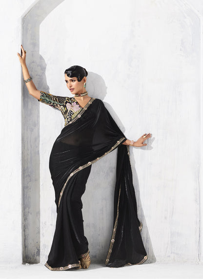 Black Tissue Organza Designer Blouse Party Wear Saree
