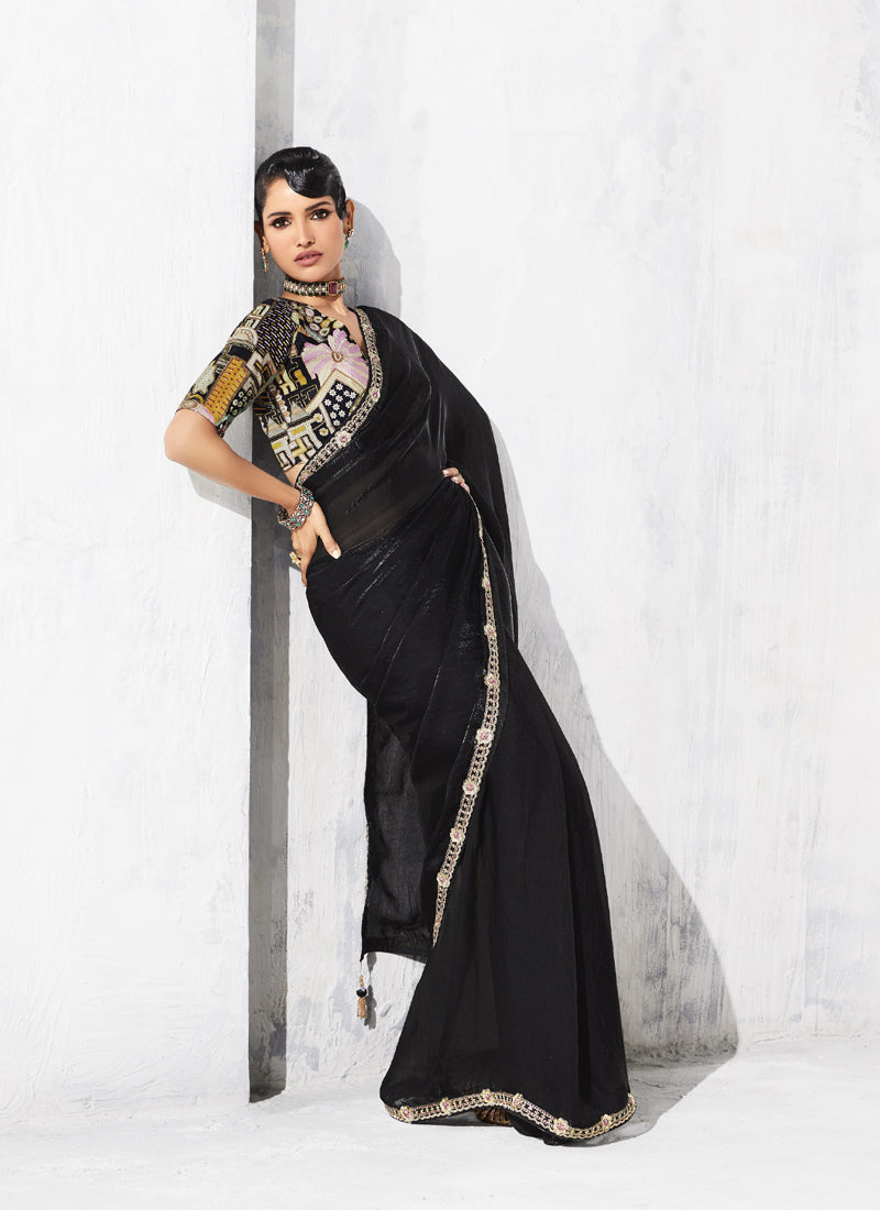 Black Tissue Organza Designer Blouse Party Wear Saree
