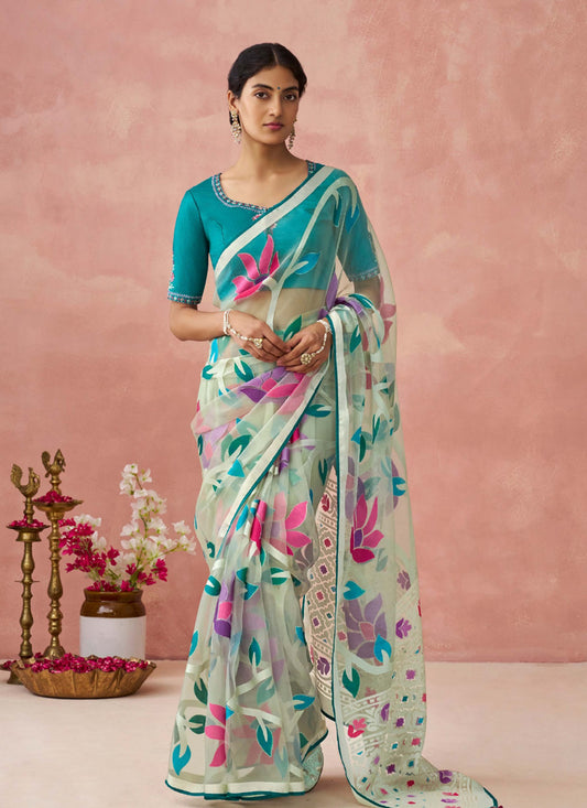 Multicolor Brasso Organza With Work Blouse Party Wear Saree