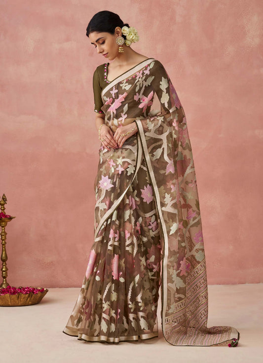 Chiku Brasso Organza Work Blouse Party Wear Saree