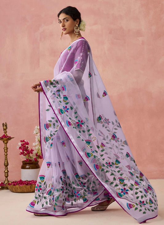 Lavender Brasso Organza With Work Blouse Party Wear Saree