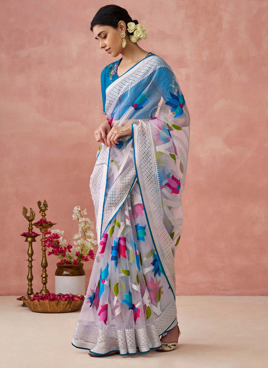 Multicolour Brasso Organza Work Blouse Party Wear Saree