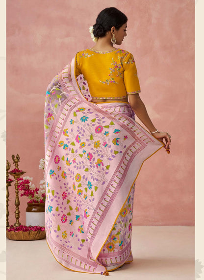 Baby Pink Brasso Organza Banglory Silk With Work Blouse Party Wear Saree