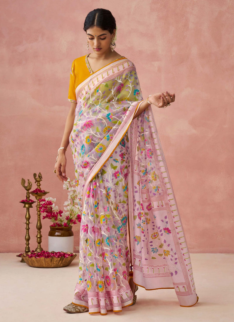 Baby Pink Brasso Organza Banglory Silk With Work Blouse Party Wear Saree