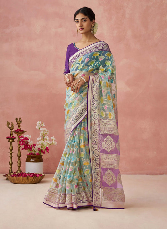 Multicolour Brasso Organza Banglory Silk With Work Blouse Party Wear Saree