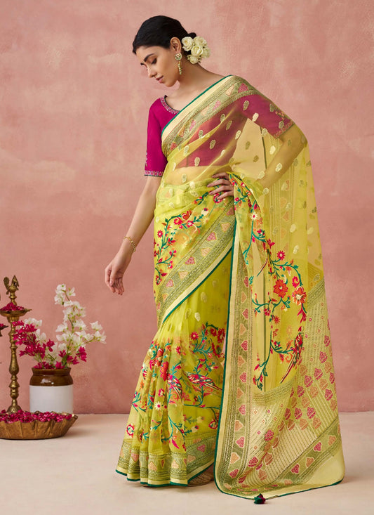 Lemon Brasso Organza Beautiful Printed With Work Blouse Party Wear Saree