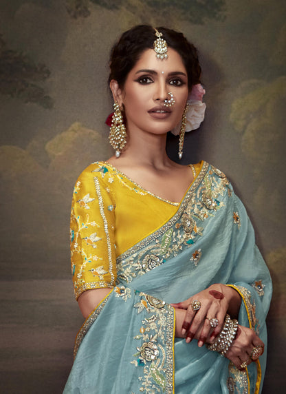 Sky Blue Tissue Organza With Heavy Sequence Heavy Designer Blouse Saree