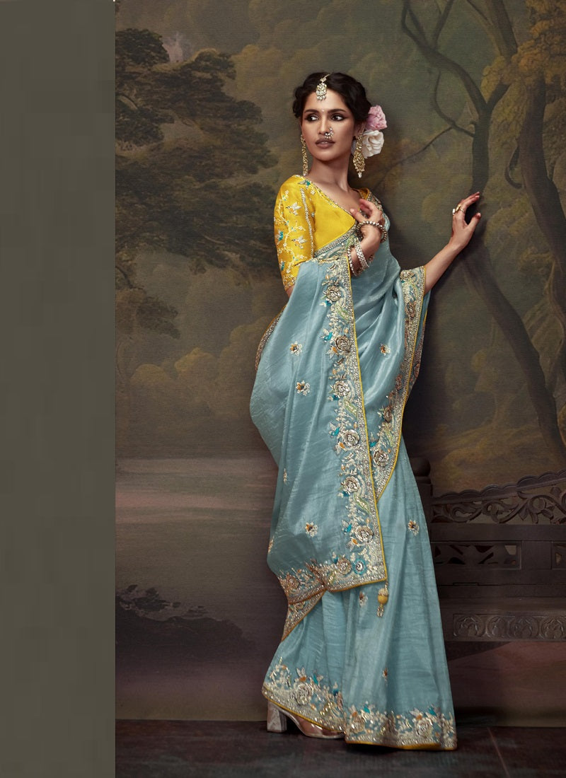 Sky Blue Tissue Organza With Heavy Sequence Heavy Designer Blouse Saree