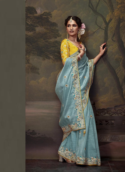 Sky Blue Tissue Organza With Heavy Sequence Heavy Designer Blouse Saree