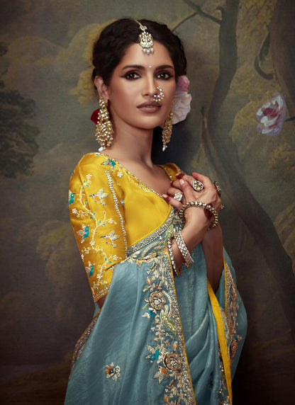 Sky Blue Tissue Organza With Heavy Sequence Heavy Designer Blouse Saree
