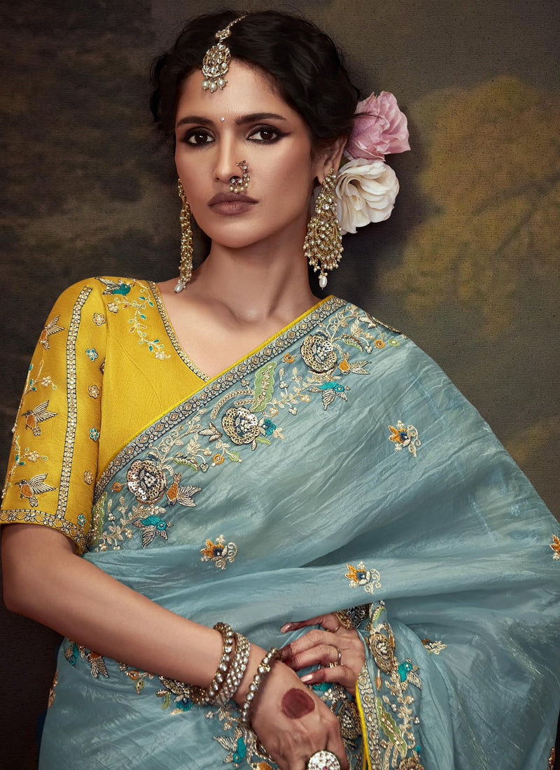Sky Blue Tissue Organza With Heavy Sequence Heavy Designer Blouse Saree