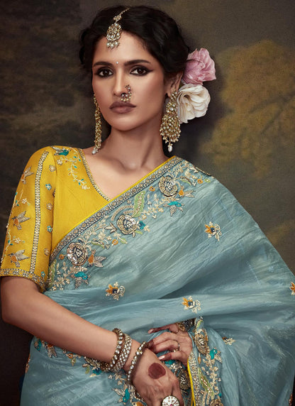 Sky Blue Tissue Organza With Heavy Sequence Heavy Designer Blouse Saree