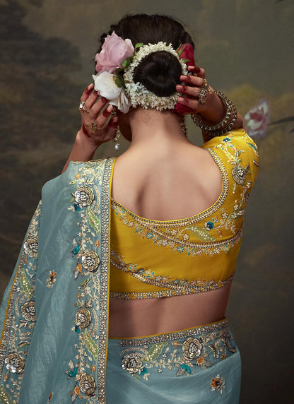 Sky Blue Tissue Organza With Heavy Sequence Heavy Designer Blouse Saree