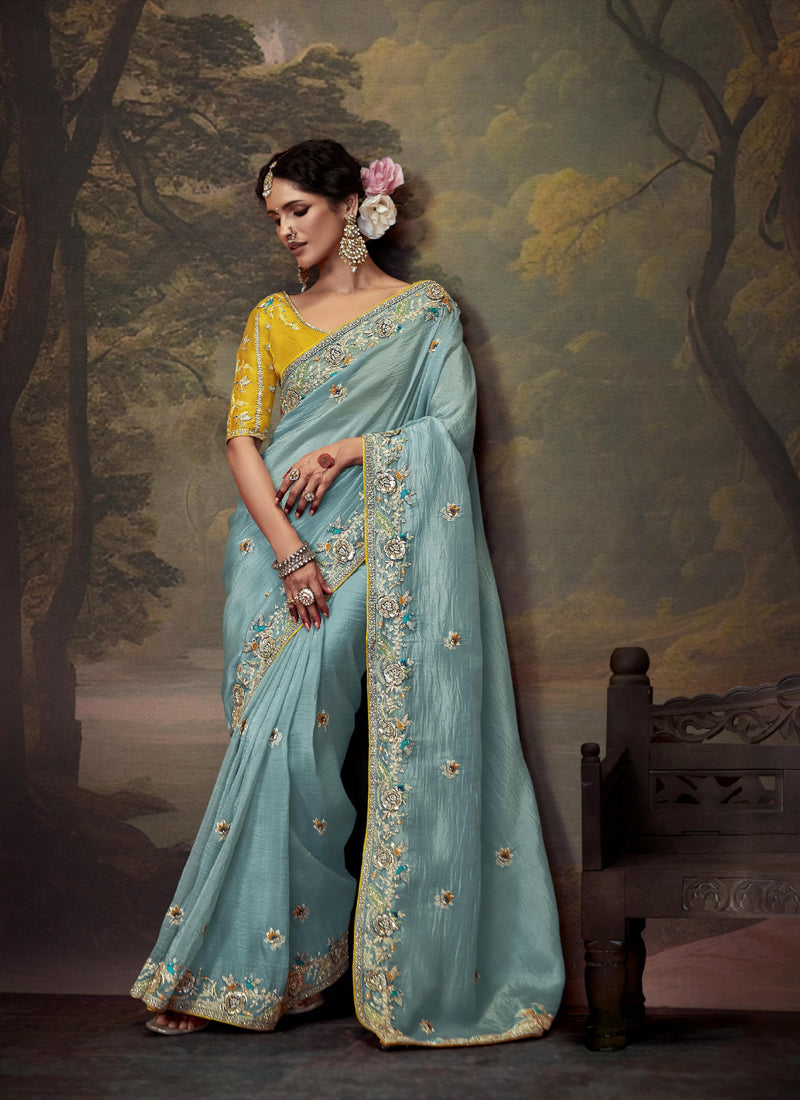 Sky Blue Tissue Organza With Heavy Sequence Heavy Designer Blouse Saree