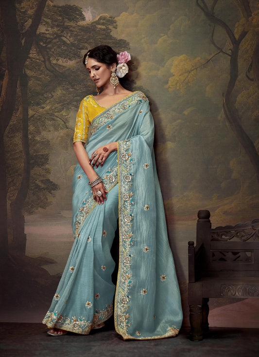 Sky Blue Tissue Organza With Heavy Sequence Heavy Designer Blouse Saree
