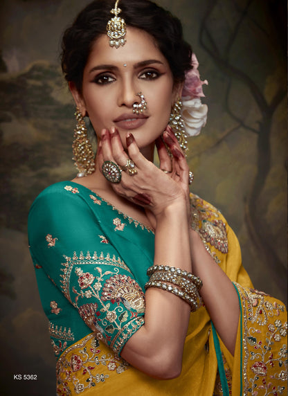 Mustard Tissue Organza With Heavy Sequence Heavy Designer Blouse Saree