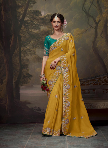 Mustard Tissue Organza With Heavy Sequence Heavy Designer Blouse Saree