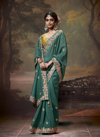 Teal  Tissue Organza With Heavy Designer Blouse Saree