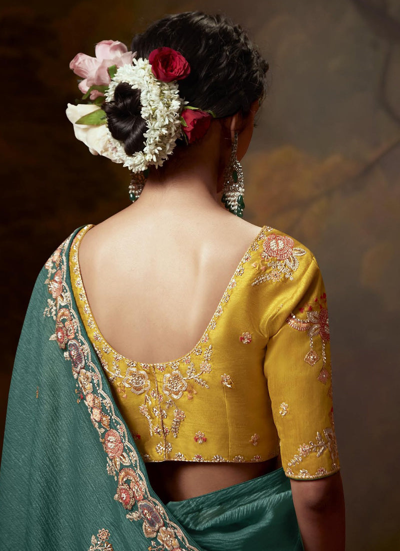 Teal  Tissue Organza With Heavy Designer Blouse Saree