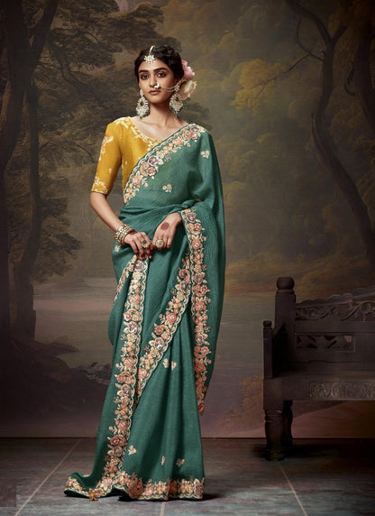 Teal  Tissue Organza With Heavy Designer Blouse Saree