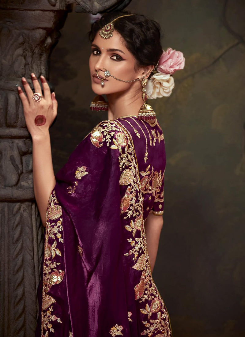 Wine Tissue Organza With Heavy Sequence  With Heavy Designer Blouse Saree