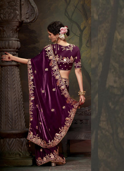 Wine Tissue Organza With Heavy Sequence  With Heavy Designer Blouse Saree
