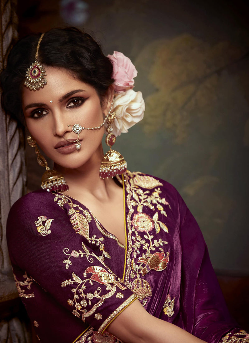 Wine Tissue Organza With Heavy Sequence  With Heavy Designer Blouse Saree