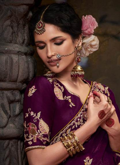 Wine Tissue Organza With Heavy Sequence  With Heavy Designer Blouse Saree