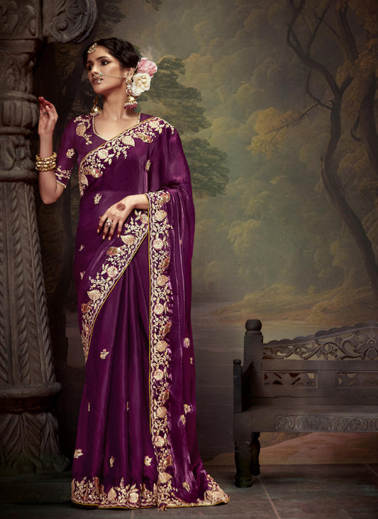 Wine Tissue Organza With Heavy Sequence  With Heavy Designer Blouse Saree