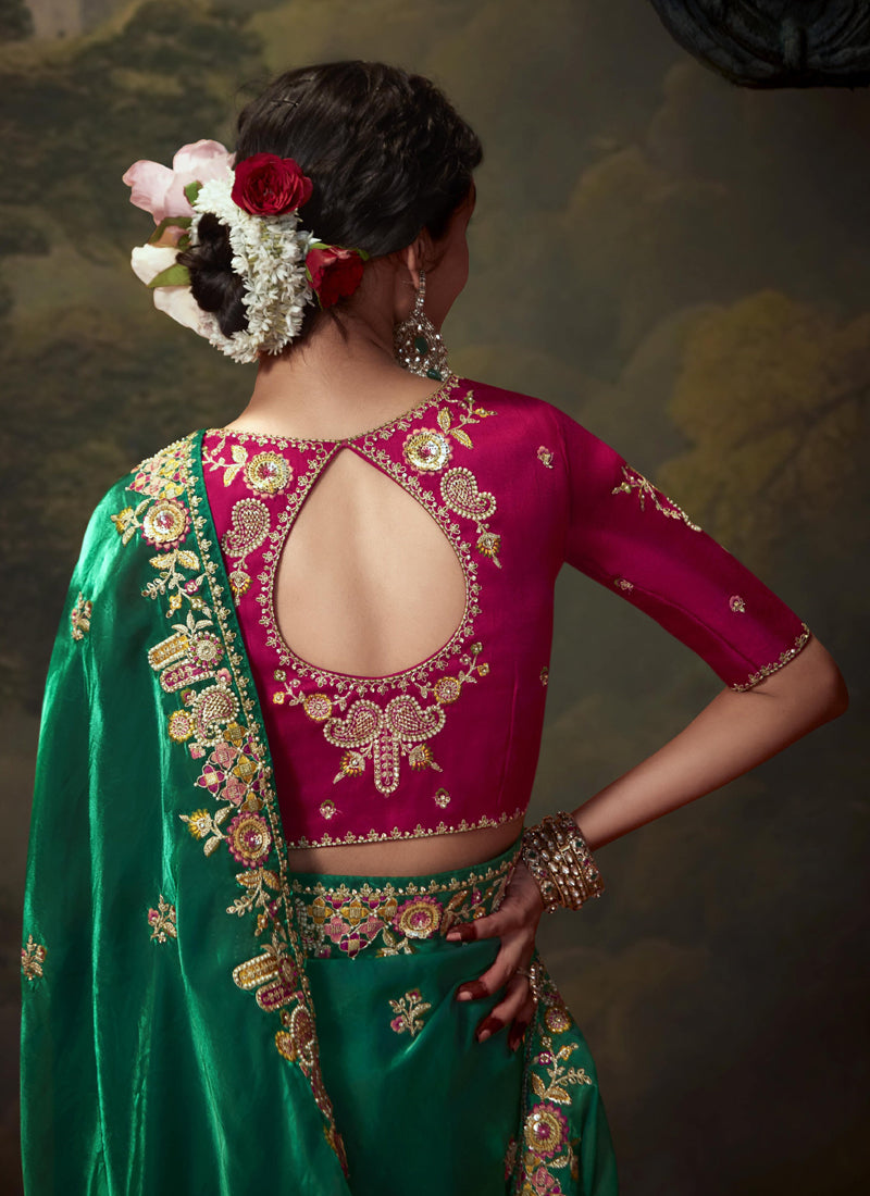 Green Tissue Organza With Heavy Sequence  With Heavy Designer Blouse Saree