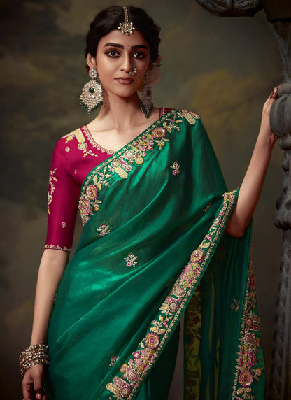 Green Tissue Organza With Heavy Sequence  With Heavy Designer Blouse Saree