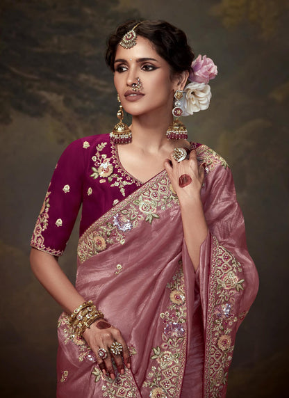 Onion Pink Tissue Organza With Heavy Sequence With Heavy Designer Blouse Saree