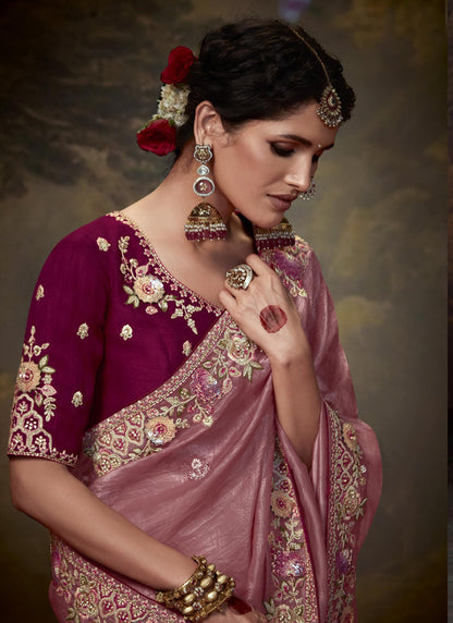 Onion Pink Tissue Organza With Heavy Sequence With Heavy Designer Blouse Saree