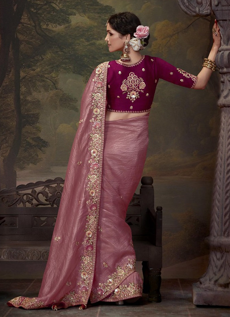 Onion Pink Tissue Organza With Heavy Sequence With Heavy Designer Blouse Saree